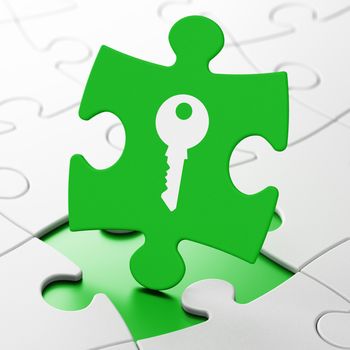 Protection concept: Key on Green puzzle pieces background, 3d render