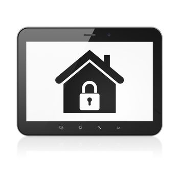 Security concept: black tablet pc computer with Home icon on display. Modern portable touch pad on White background, 3d render