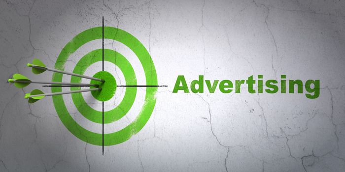 Success marketing concept: arrows hitting the center of target, Green Advertising on wall background, 3d render