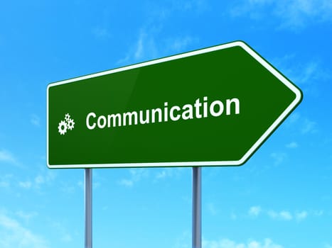 Marketing concept: Communication and Gears icon on green road (highway) sign, clear blue sky background, 3d render