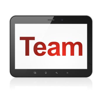 Finance concept: black tablet pc computer with text Team on display. Modern portable touch pad on White background, 3d render