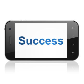 Business concept: smartphone with text Success on display. Mobile smart phone on White background, cell phone 3d render