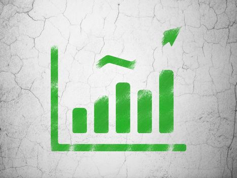 Marketing concept: Green Growth Graph on textured concrete wall background, 3d render