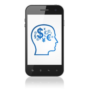 Business concept: smartphone with Head With Finance Symbol icon on display. Mobile smart phone on White background, cell phone 3d render