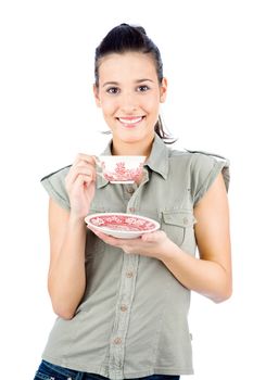 Young smiled brunette girl holding a teapot, isolated on white background