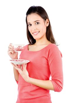 Young brunette girl holding a teapot, isolated on white background