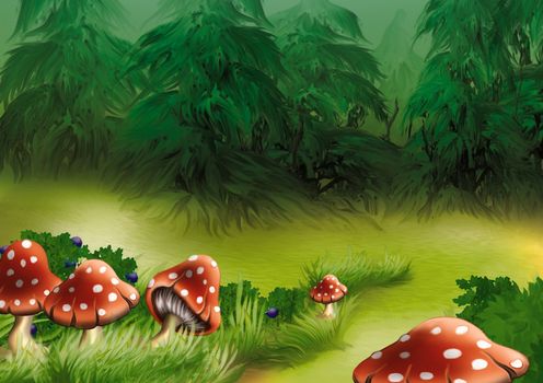 Fly Agarics Mushrooms - Background Illustration