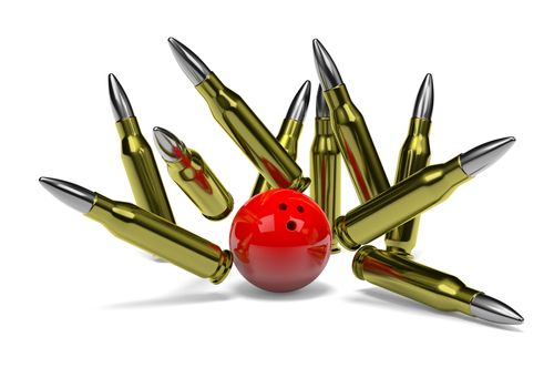 Strike of Bullets with Red Bowling Skittle Ball on White Background 3D Illustration