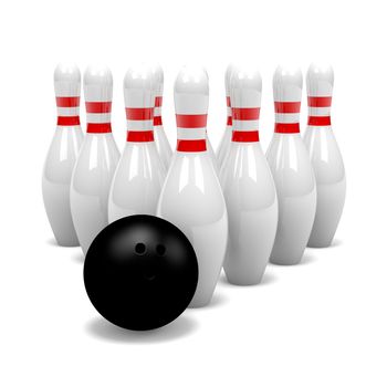 White and Red Bowling Skittles Group with Black Ball on White Background 3D Illustration