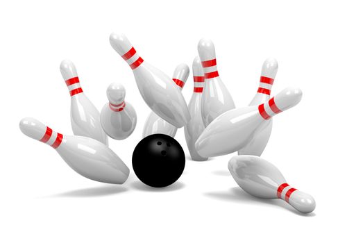 Strike of White and Red Bowling Skittles with Black Ball on White Background 3D Illustration