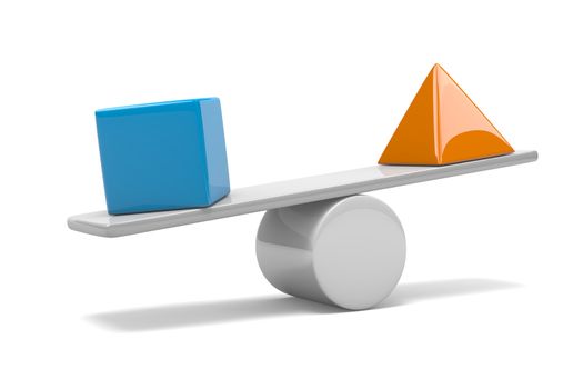Blue Cube and Orange Pyramid on Balance 3D Illustration on White Background