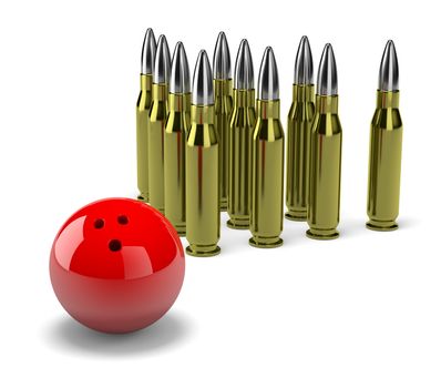 Group of Bullets with Red Bowling Skittle Ball on White Background 3D Illustration