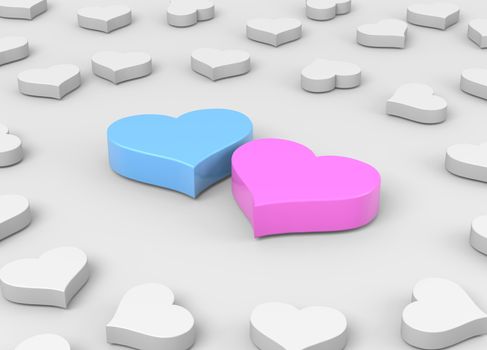 Couple of Blue and Pink Hearts among Many Others Love Concept 3D Illustration