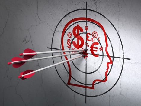 Success Education concept: arrows hitting the center of Red Head With Finance Symbol target on wall background, 3d render