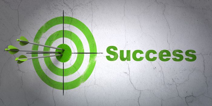 Success business concept: arrows hitting the center of target, Green Success on wall background, 3d render