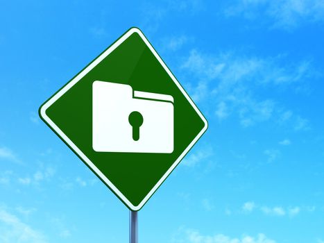 Business concept: Folder With Keyhole on green road (highway) sign, clear blue sky background, 3d render