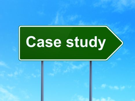 Education concept: Case Study on green road (highway) sign, clear blue sky background, 3d render