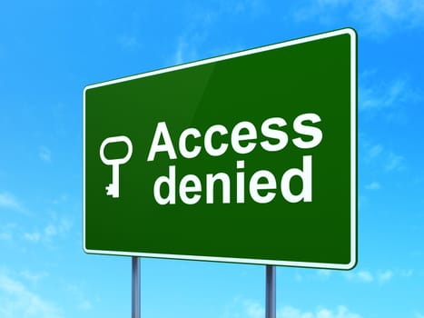 Privacy concept: Access Denied and Key icon on green road (highway) sign, clear blue sky background, 3d render