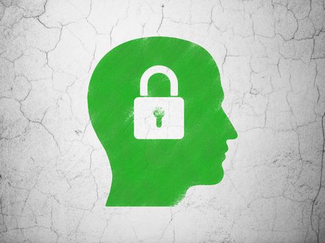 Finance concept: Green Head With Padlock on textured concrete wall background, 3d render