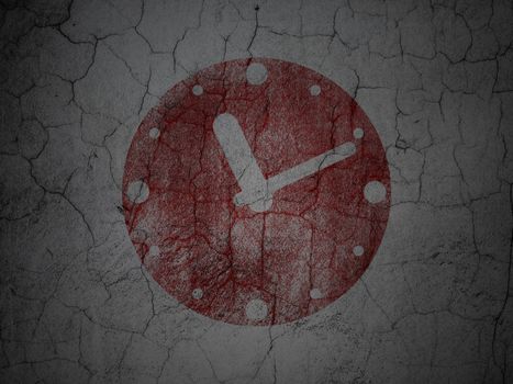 Timeline concept: Red Clock on grunge textured concrete wall background, 3d render