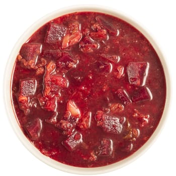 Borscht soup from directly above on white background