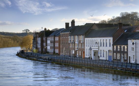 Row of mixed period buildings on the banks of the River Severn, Bewdley, Worcestershire, England.