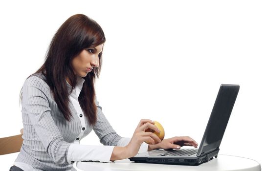 Tired women sitting with computer isolated on the white background