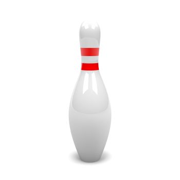 One Single White and Red Bowling Skittle on White Background 3D Illustration