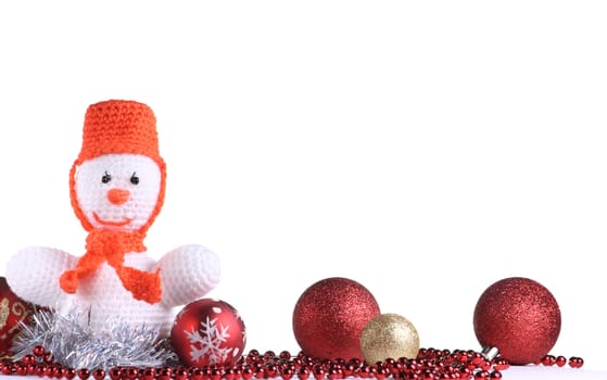 Happy snowman made from threads at the white background