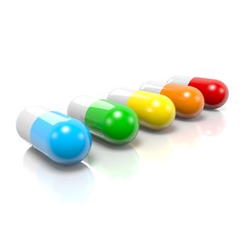 Colorful Pills Set with Reflection on White Background
