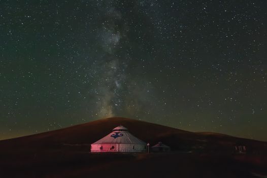 Mongolian yurts under the galaxy with star light in Inner Mongolia.