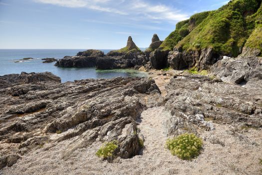 Interesting rock formations at Great Mattiscombe Sand, Devon, England.