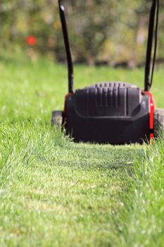 Lawn-mower cuts a high green grass in the garden