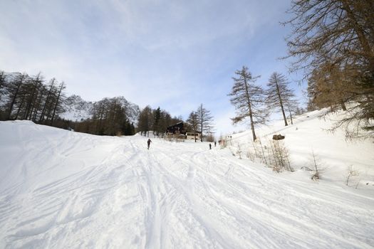 Off piste ski slope with ski tracks, some hikers and scenic valley in the italian Alps