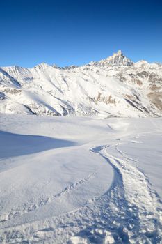 Ski touring (back country skiing) in majestic high mountain scenery, italian Alps