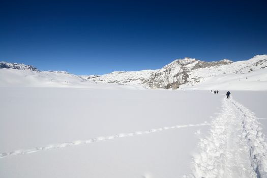 Group of alpinist hiking uphill by ski touring in powder snow in scenic high mountain view