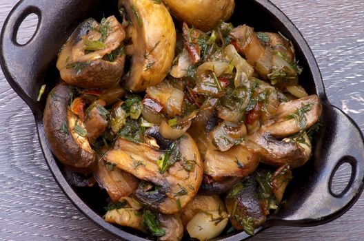 Delicious Champignon Mushrooms Stew with Onion and Greens in Black Cast-iron Stew Pot on Wooden background