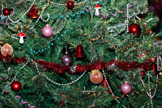 Richly decorated Christmas tree shot close up for background