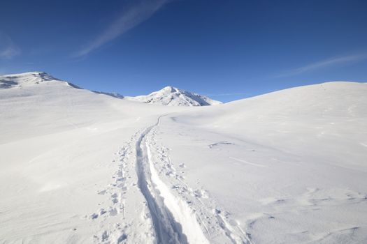 Ski touring (back country skiing) in majestic high mountain scenery, italian Alps