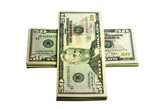 Stacks of paper dollars USA on the white background