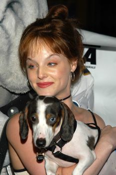 Dana Daurey with Tucker at the Last Chance For Animals Press Conference, Third Street Promenade, Santa Monica, Calif., 08-26-03