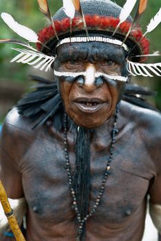 DUGUM DANI VILLAGE, IRIAN JAYA, NEW GUINEA, INDONESIA - JUNE 20: Dugum Dani Warrior Portrait. June 20, 2012 The Baliem Valley Papua or Irian Jaya Indonesian New Guinea 