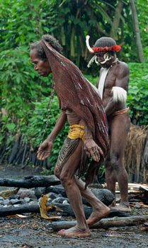 DUGUM DANI VILLAGE, BALIEM VALLEY, IRIAN JAYA, NEW GUINEA, INDONESIA - Juny 20, 2012:  Dani woman in a traditional dress, cap on a head. On Juny 20, 2012 in Dugum Dani Village, New Guinea, Indonesia