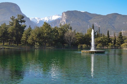 Beautiful lake in Litochoro and Olymp / Olympus mountains in greece