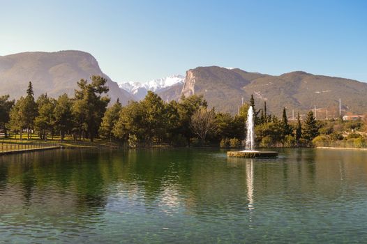 Beautiful lake in Litochoro and Olymp / Olympus mountains in greece