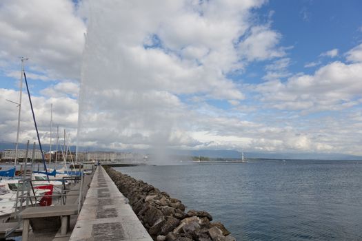 view of city of Geneva, the Leman Lake and the Water Jet, in Switzerland, Europe