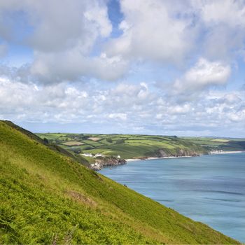 View from Start Point over the rolling coastline of Devon, England.