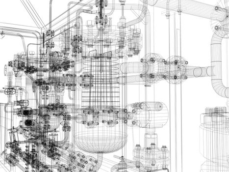 Industrial equipment. Wire-frame render isolated on white background