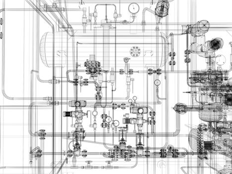 Industrial equipment. Wire-frame render isolated on white background