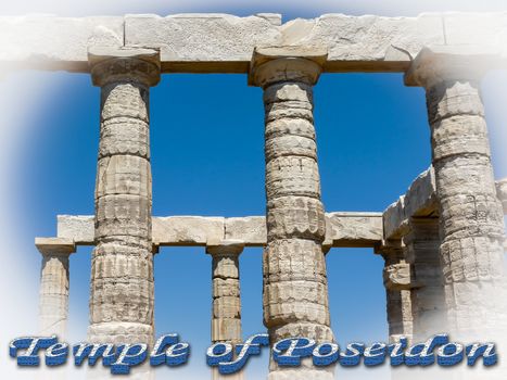 Part of the Temple of Poseidon in Sounio Greece with text